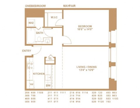 Floor plan for 1 bed, 1 bath, 775 sqft
